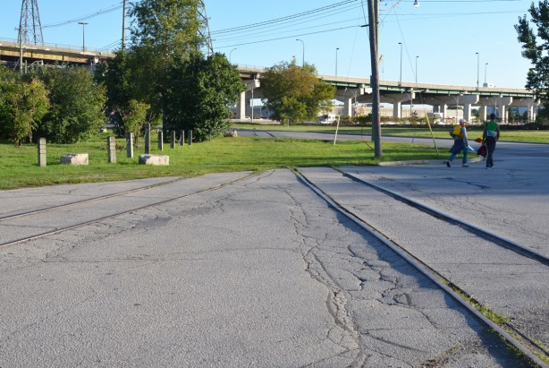 street with remnants of railway tracks on it