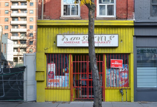 Amedae spice market store painted yellow with red trim on doors and windows, a large tree grows in front of the store. 