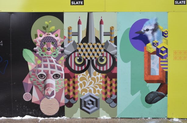 Jerry Rugg, a la , birdo, paintings on construction hoardings, various abstract animal forms, owl, deer