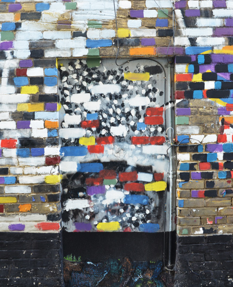 a brick wall where the bricks have been painted different colours like a giant mosaic, windows, and doors in that wall are also painted, in an alley,