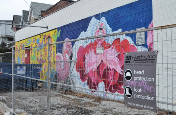 chain link construction fence in front of a mural of dancing pink flamingoes