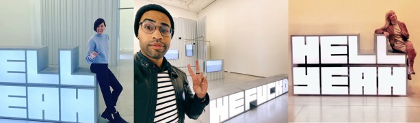 composite of three photos of people that have been posted on instagram showing them at the Hito Steyerl exhibit hell yeah we fuck die at the Art Gallery of Ontario