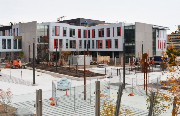 construction of new school, red and white facade