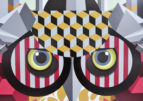 birdo painting of an owl's face on construction hoardings, geometric shapes