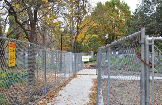 chainlink fence around parts of St. James park as new walkways are constructed