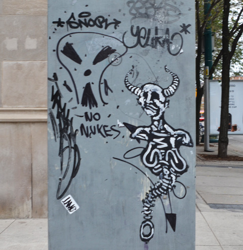 skeleton graffiti on a metal street box