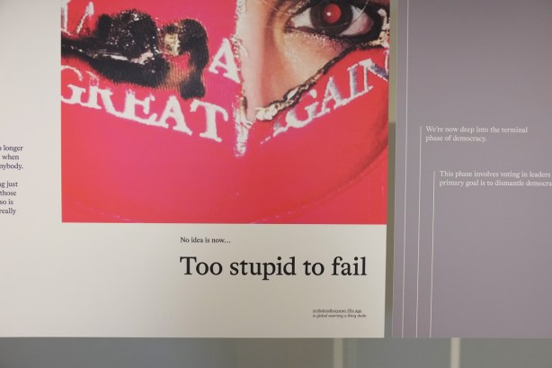 large panels hanging in an art gallery, MOCA, Too stupid to fail, 