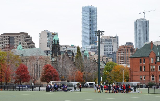 University of Toronto playing fields, from the south, with Trinity College behind and then city buildings behind that