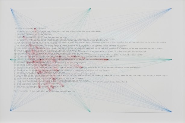 words in lines, sentences about conceptual art, overlaid with green, red, and blue lines