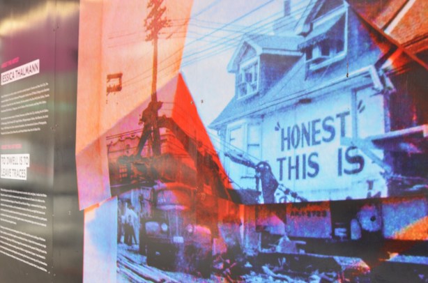 hoardings on Bloor Street near Bathurst, a series of collages featuring old pictures of Honest Eds and the area, in many colours, by Jessica Thalmann