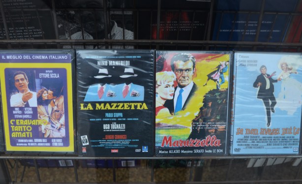 old Italian movies on DVD for sale in a store window