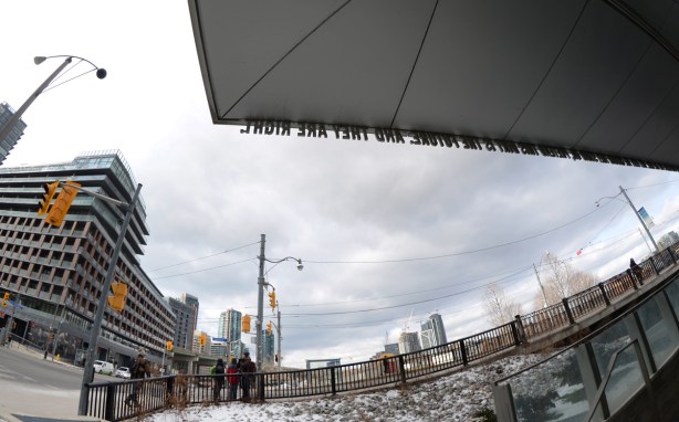 overhang from the library roof, Bathurst street, south of tracks, condos, street,