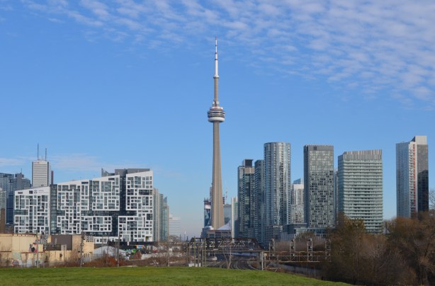 view from Garrison Crossing, in the middle, CN Tower and Toronto downtown skyline