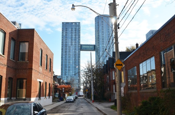 looking south on Draper street to condos south of the tracks 