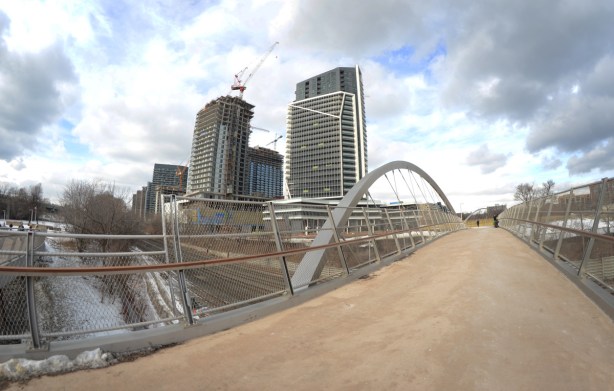 fisheye view of first garrison crossing bridge with new condos in the middle