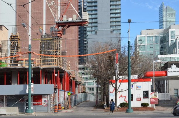 construction on Spadina south of King, beside the red and white Petro Canada gas station 
