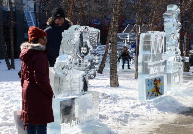 people looking at and posing beside ice sculptures in Yorkville Ice Fest