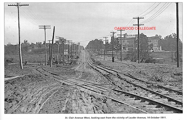 vintage black and white picture of Oakwood Collegiate from 1911 when St. Clair was a dirt road
