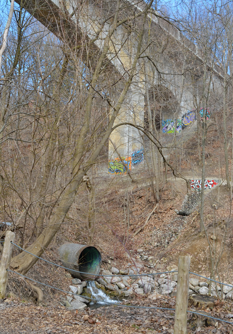part of a bridge, concrete supports with street art on them, a culvert where the creek comes back to the surface, creek, ravine, no leaves on the trees,