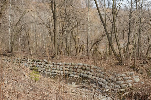 old rock wall along the banks of Mud Creek, trees, path,