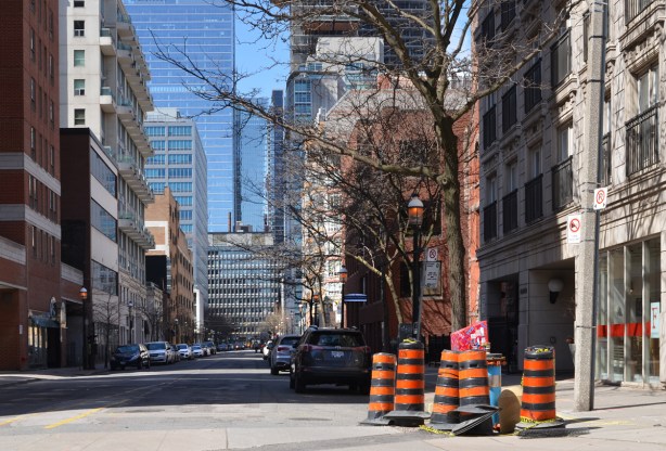 street, downtown Toronto, with traffic cones 
