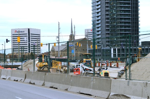 construction on Eglinton at Don Mills, Mormon church in the picture - Church of Latter Day Saints 
