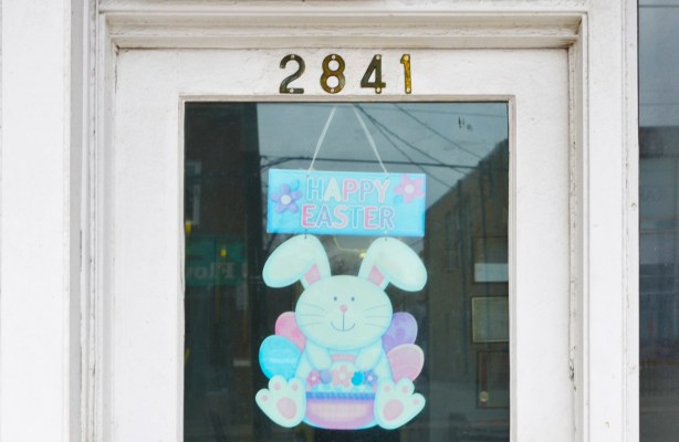 happy easter bunny sign in the window of number 2841 