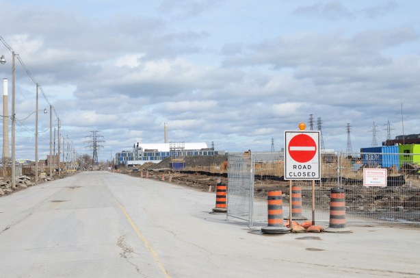 Commissioners street in port lands, with road closed sign