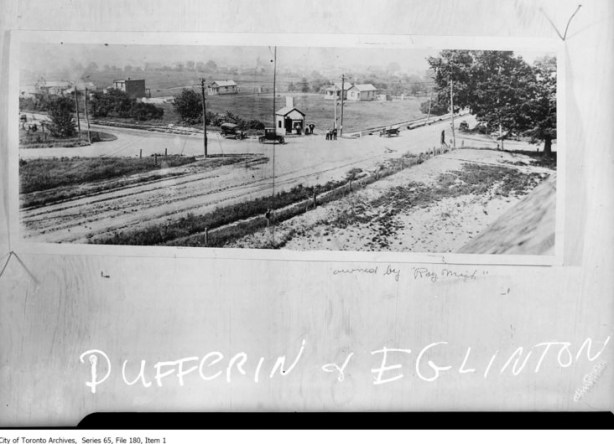 old black and white photo of dufferin and eglinton in 1919 showing narrow dirt roads and farms 