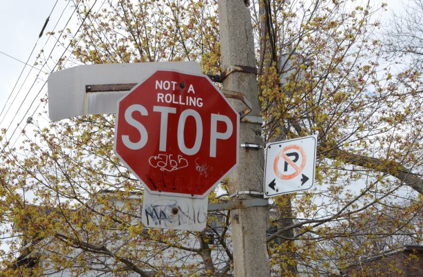 stop sign in front a large tree just beginning to bud in spring, words added to stop sign so it now says not a running stop 