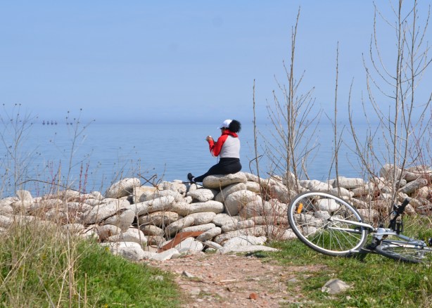 a woman looking at her phone, sitting on rocks by Lake Ontario, her bike is on the ground behind her 