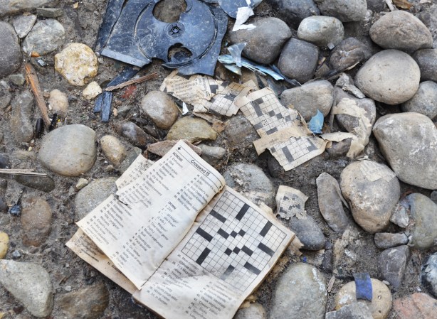 trash left behind, on the rocks under the Gardiner, a smashed plastic DVD or CD case and a paperback crossword puzzle book open to a crossword puzzle, with some bits of torn pages