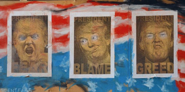 posters on a wall in Graffiti Alley, of president trump, parody, president ego and president greed, blame, fear, on abstract America flag, caricatures of Trump just his face in each poster 