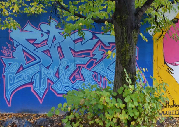 a tree in front of a text throw up mural in blues