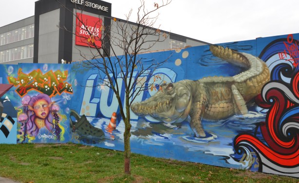 wallnoize street art murals on blue hoardings around new water treatment plant, a crocosile, very realistic looking, by luvs, with its feet in water