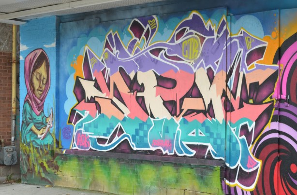 from a mural by elicser, a woman in a pink head scarf is reading a bookand beside it is text street art 