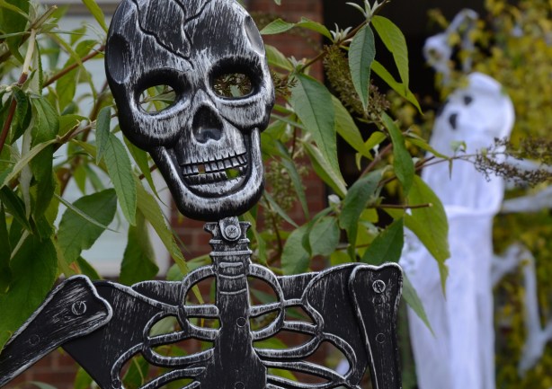 a black fake skeleton in a front yard, with a white ghost behind