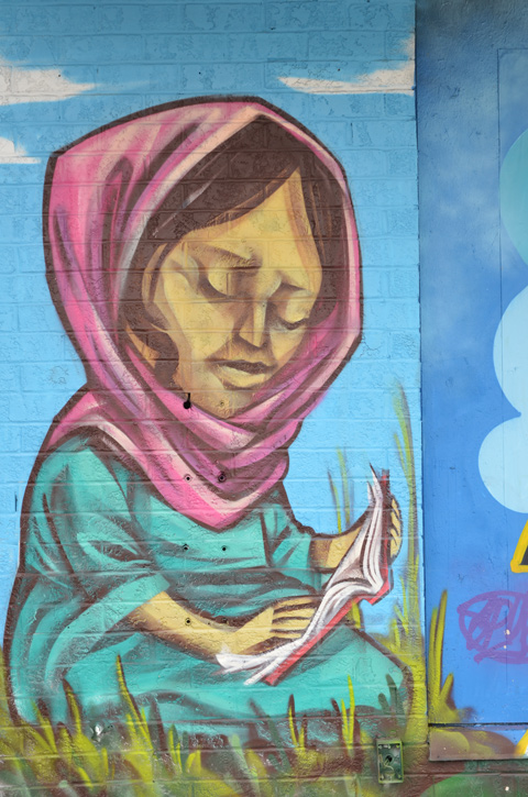 from a mural by elicser, a woman in a pink head scarf is reading a book