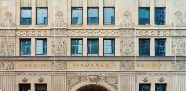 cleaned up stone facade of the Canada Permanent Building on Bay street