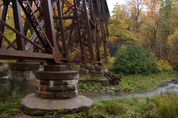concrete footings on a metal railway bridge over the Don River 