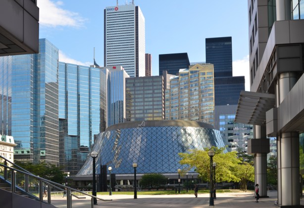 Roy THomson Hall and downtown buildings as seen from Metro Hall 