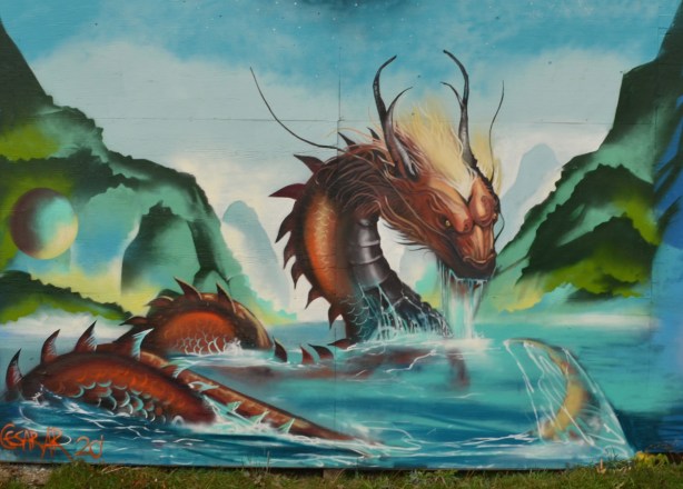 very realistic painting of a water dragon or monster in the water