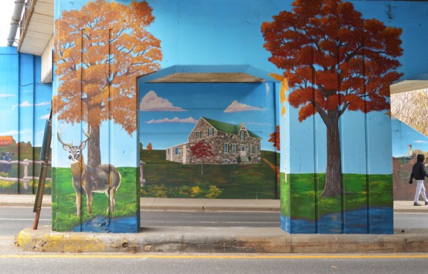 mural on railway underpass on Warden Ave by De Ann Lamirande, old stone house, Bells estate,