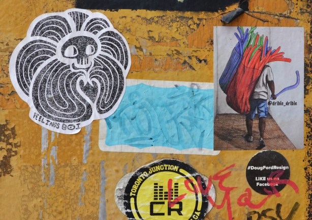 dribble dribble sticker, feelings boi sticker and a sticker that says Doug Ford resign 