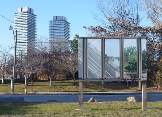 large photo being displayed outside at Port Lands, part of Framework exhibit by Vid Ingelevics and Ryan Walker