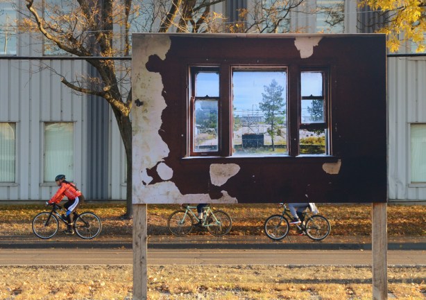 large photo being displayed outside at Port Lands, part of Framework exhibit by Vid Ingelevics and Ryan Walker