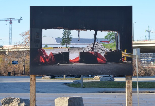 large photo being displayed outside at Port Lands, part of Framework exhibit by Vid Ingelevics and Ryan Walker