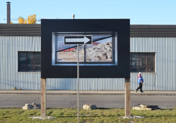 large photo being displayed outside at Port Lands, part of Framework exhibit by Vid Ingelevics and Ryan Walker
