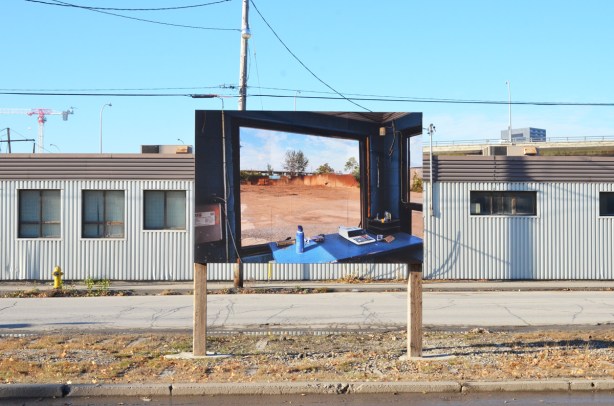 large photo being displayed outside at Port Lands, part of Framework exhibit by Vid Ingelevics and Ryan Walker
