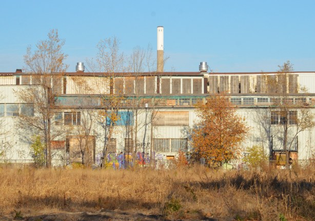 back of an empty building, vacant lot behind, graffiti on walls 